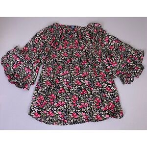 Chaps Blouse Top Women's 1X Floral Peasant Black Pink Ruffle Bell Sleeve Boho